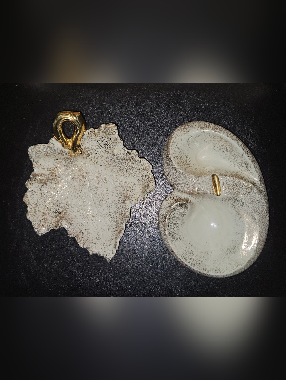 Vintage MCM Ceramic Gold Splatter Glaze Maple Leaf Dish & Matching Ashtray